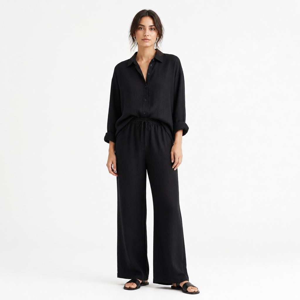 Women's Linen Blend Lapel Shirt and Trouser Set