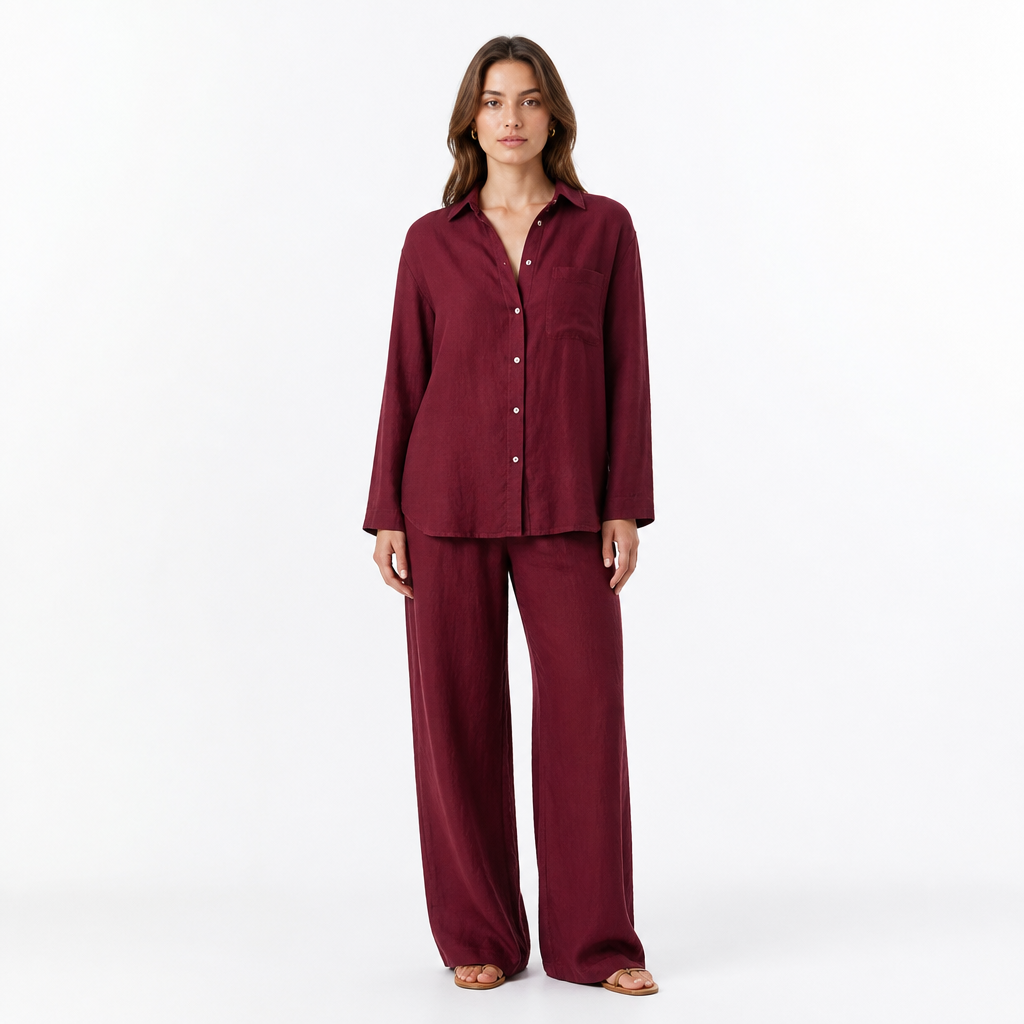 Women's Linen Blend Lapel Shirt and Trouser Set