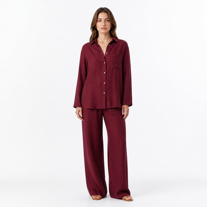 Women's Linen Blend Lapel Shirt and Trouser Set