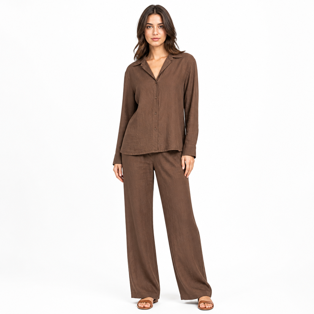 Women's Linen Blend Lapel Shirt and Trouser Set
