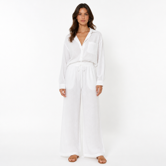 Women's Linen Blend Lapel Shirt and Trouser Set