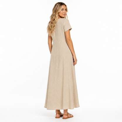 Women's Linen Blend O-Neck Maxi Dress