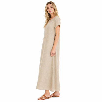 Women's Linen Blend O-Neck Maxi Dress