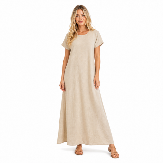 Women's Linen Blend O-Neck Maxi Dress