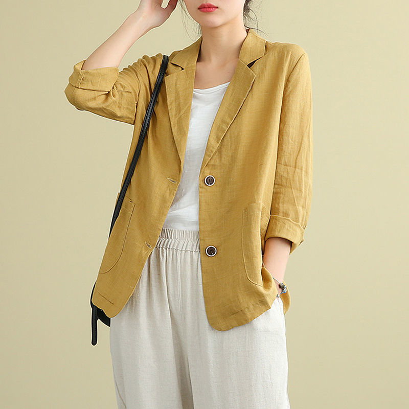 Women's Linen Tailored Blazer with 3/4 Sleeves
