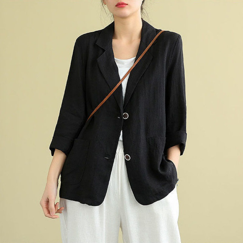 Women's Linen Tailored Blazer with 3/4 Sleeves