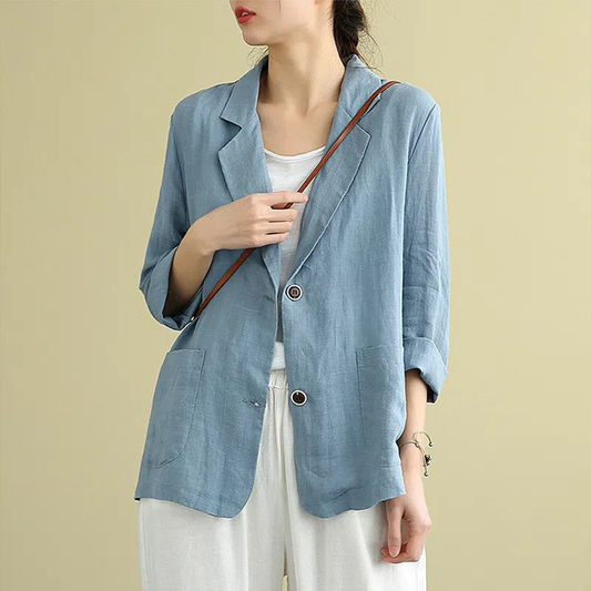 Women's Linen Tailored Blazer with 3/4 Sleeves