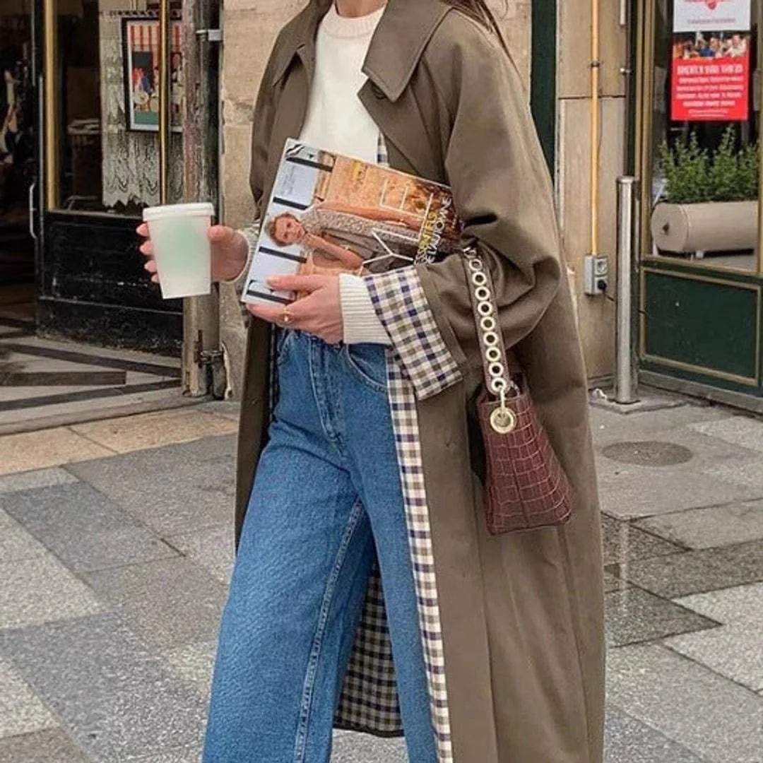 Women's Long Oversized Trench Coat with Checked Lining