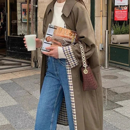 Women's Long Oversized Trench Coat with Checked Lining