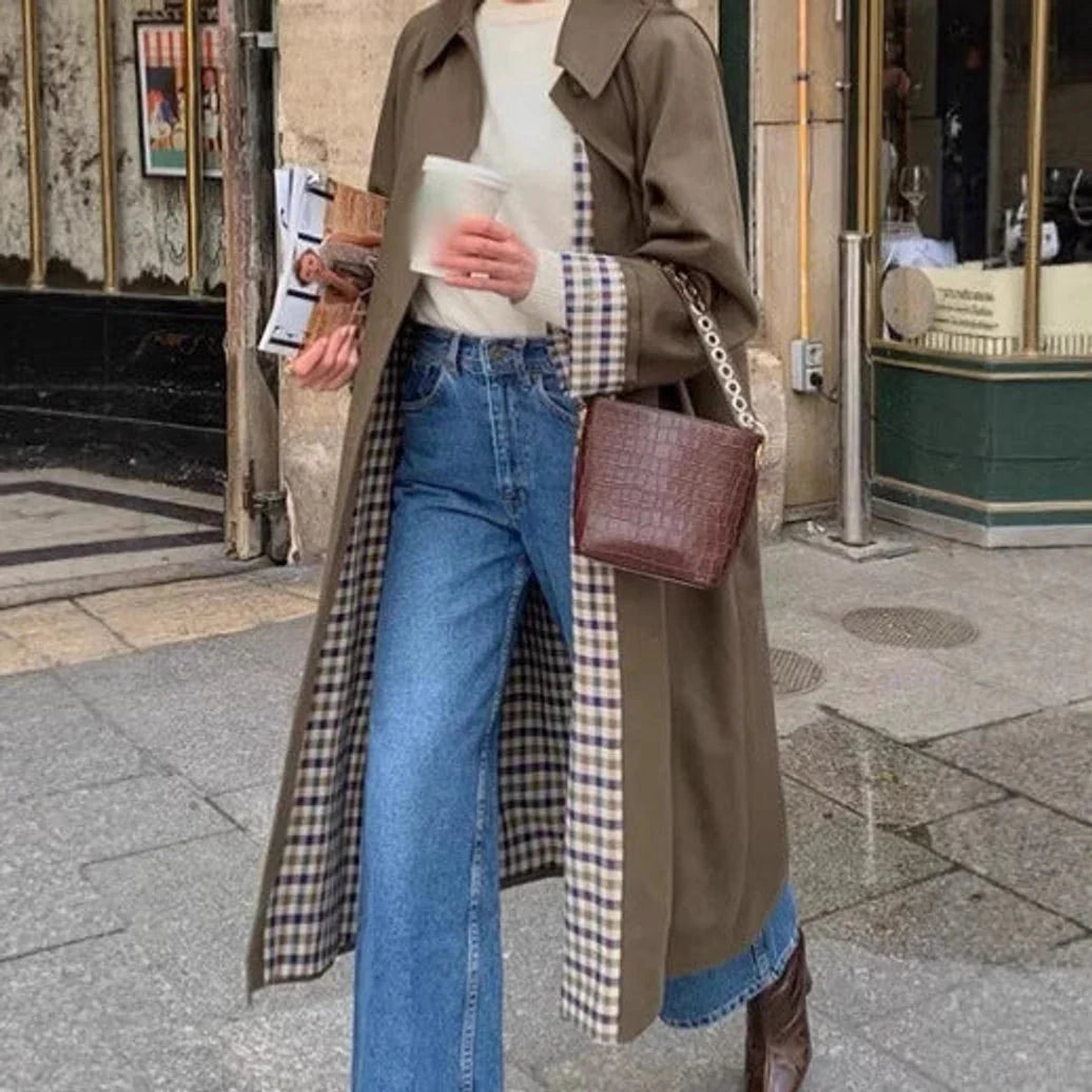 Women's Long Oversized Trench Coat with Checked Lining