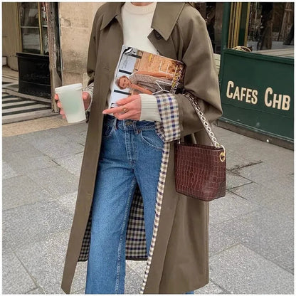 Women's Long Oversized Trench Coat with Checked Lining
