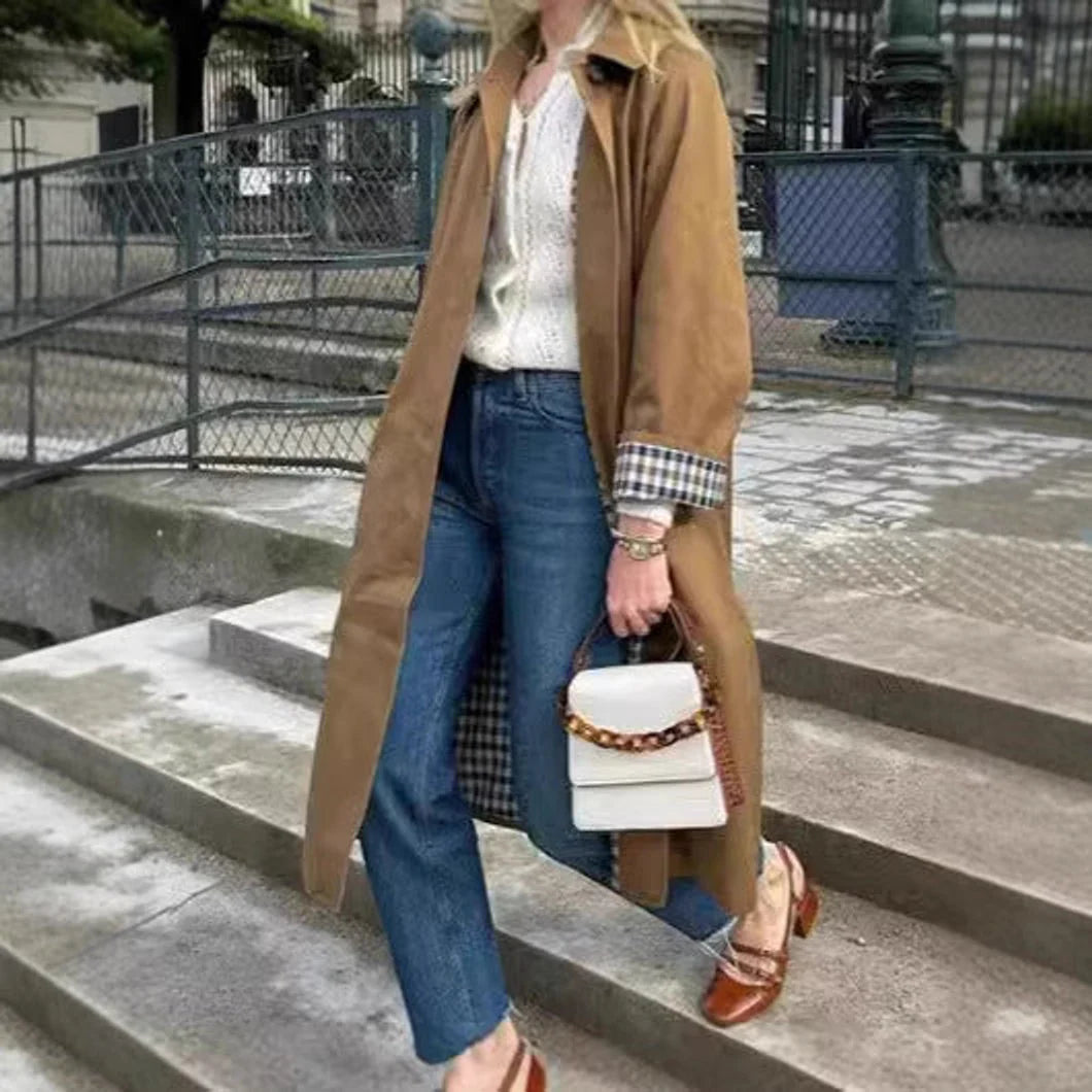Women's Long Oversized Trench Coat with Checked Lining