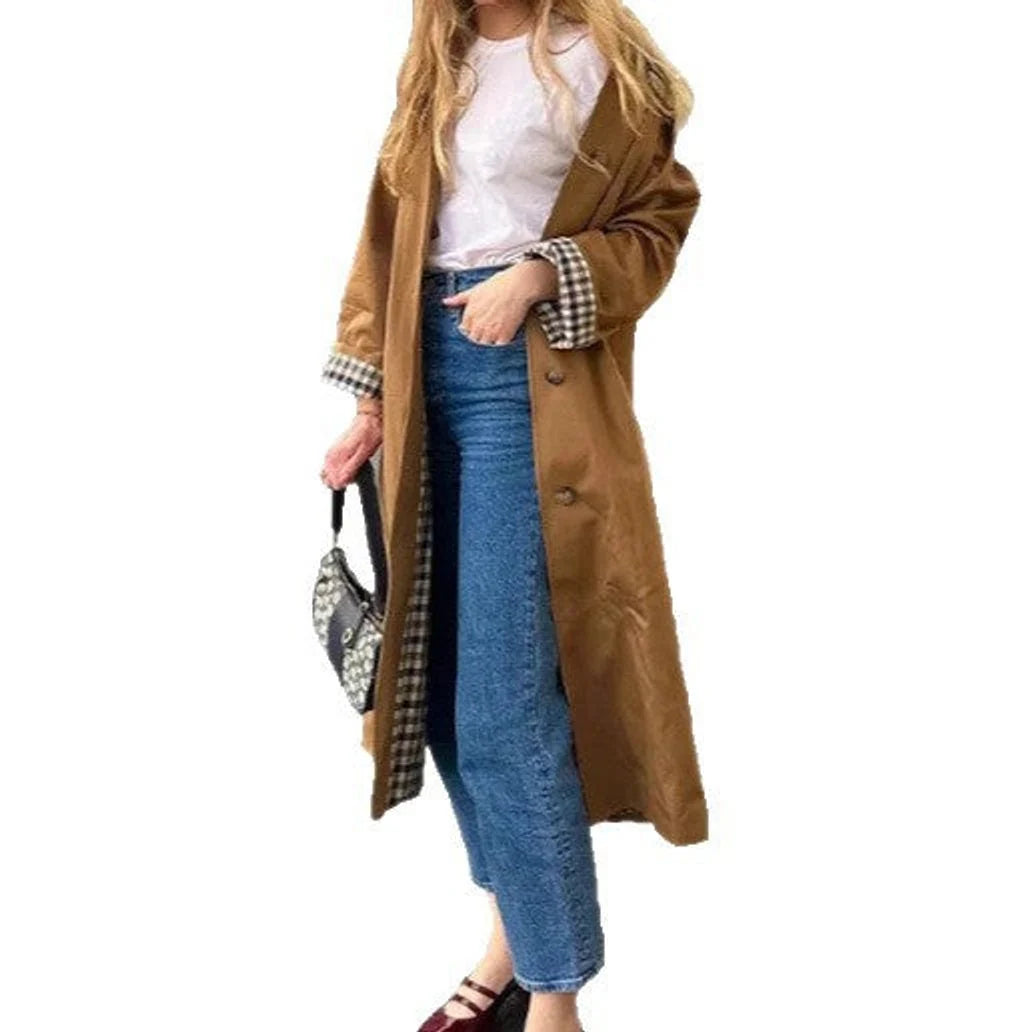 Women's Long Oversized Trench Coat with Checked Lining