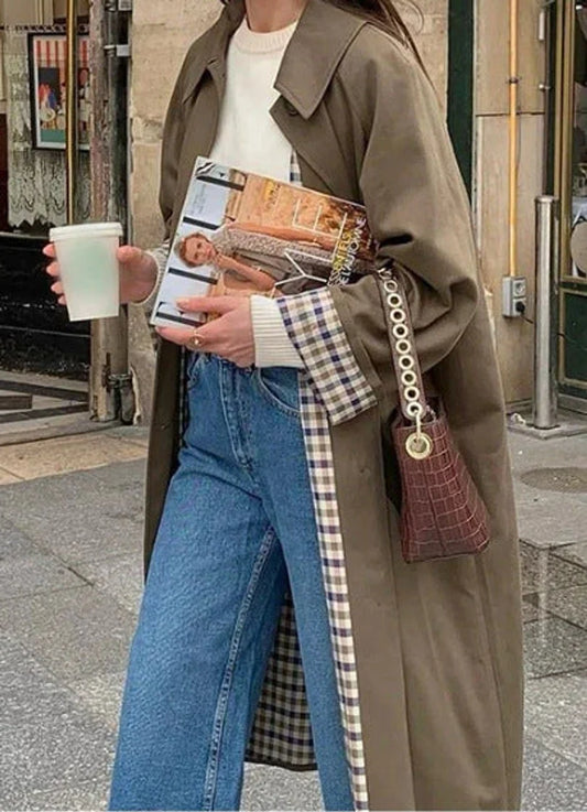 Women's Long Oversized Trench Coat with Checked Lining