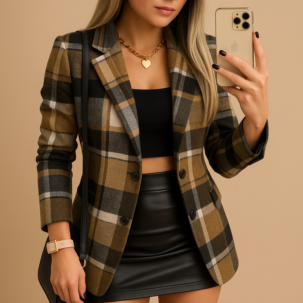 Women's Long Padded Blazer with Diamond Pattern