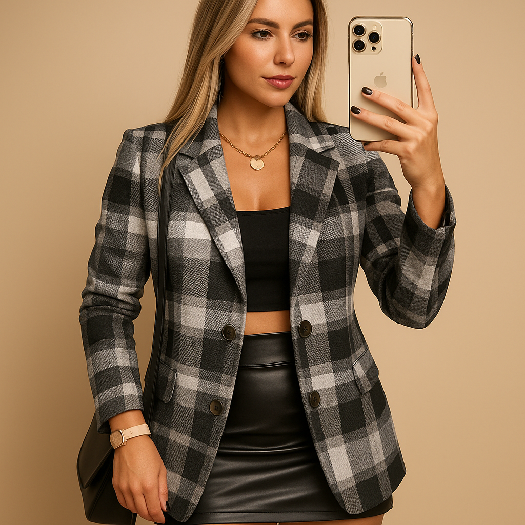 Women's Long Padded Blazer with Diamond Pattern