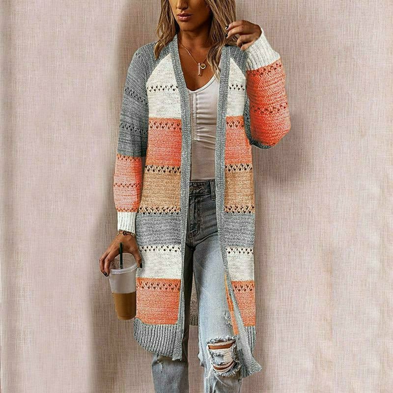 Women's Long Striped Cardigan for Transitional Seasons