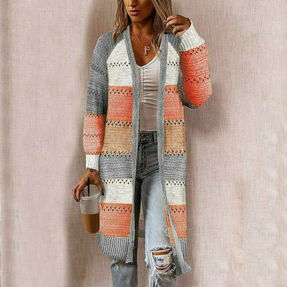 Women's Long Striped Cardigan for Transitional Seasons