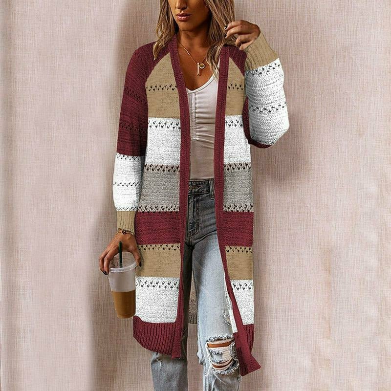 Women's Long Striped Cardigan for Transitional Seasons