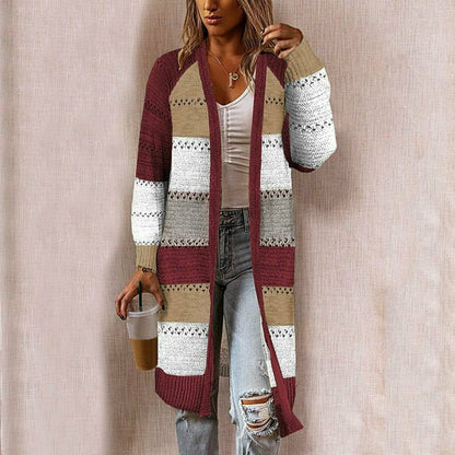 Women's Long Striped Cardigan for Transitional Seasons