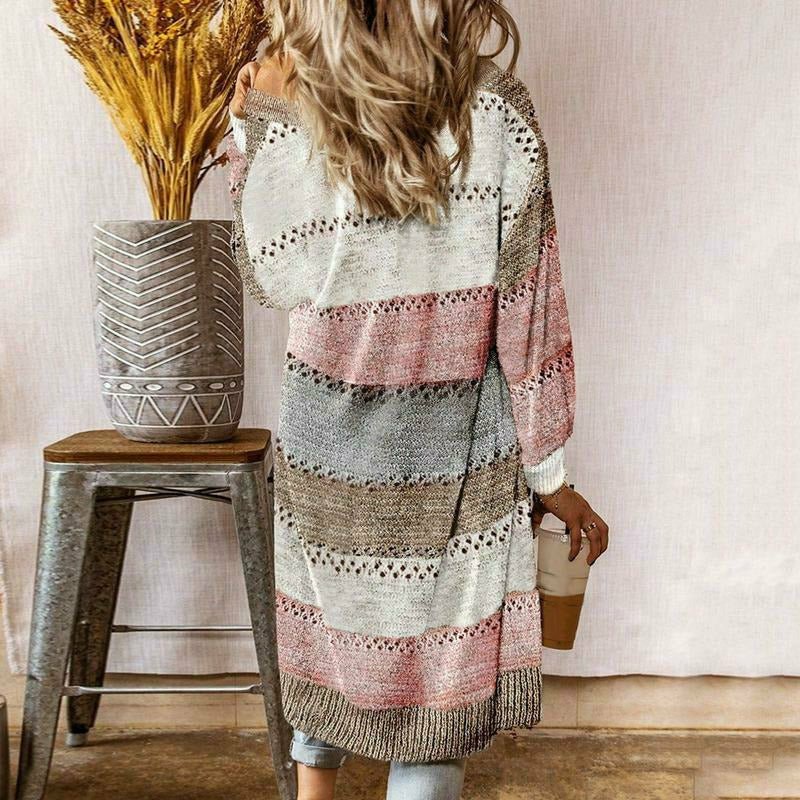 Women's Long Striped Cardigan for Transitional Seasons