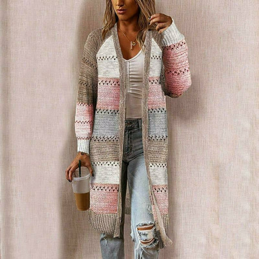 Women's Long Striped Cardigan for Transitional Seasons