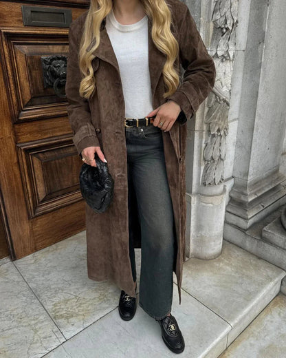 Women's Long Suede Trench Coat for Winter