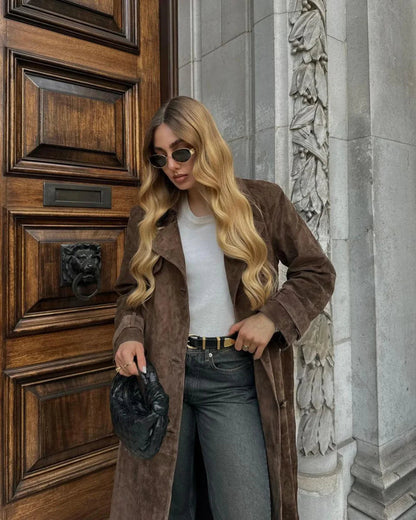 Women's Long Suede Trench Coat for Winter