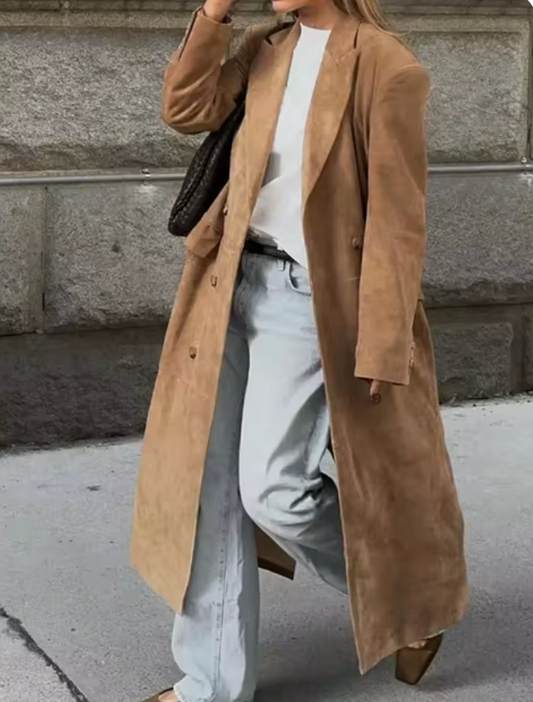 Women's Long Suede Trench Coat for Winter