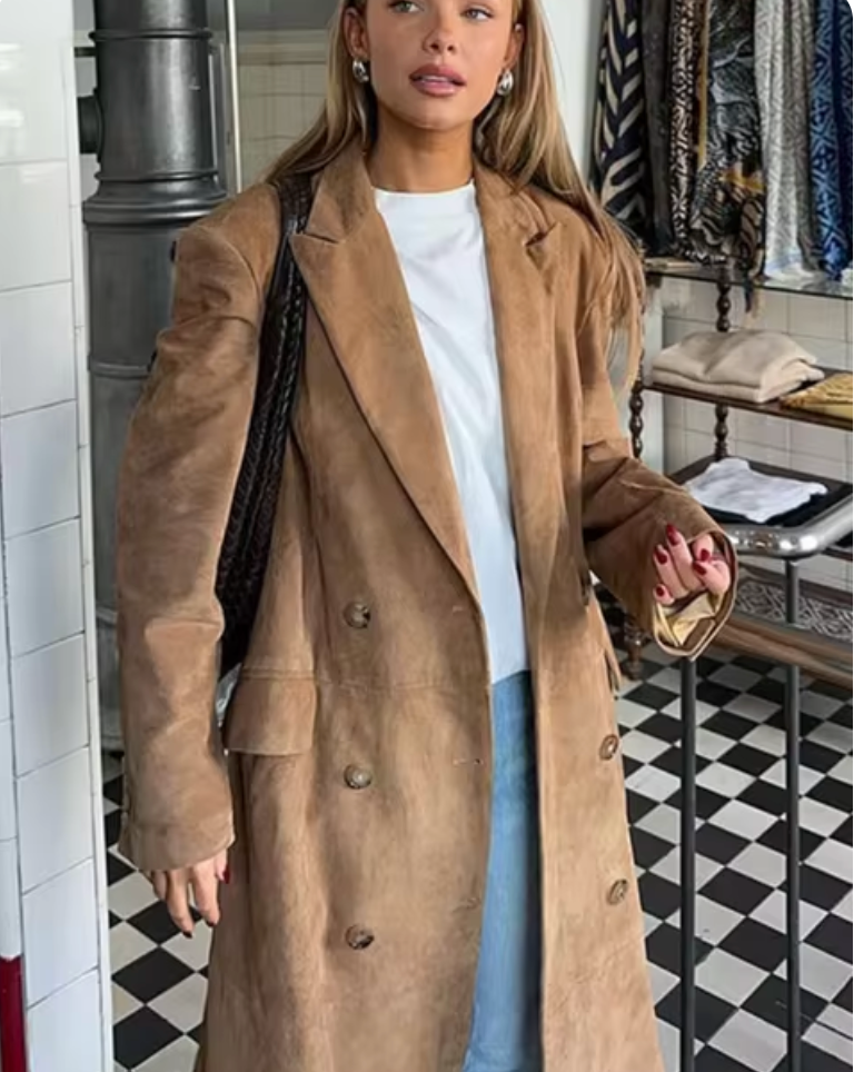 Women's Long Suede Trench Coat for Winter