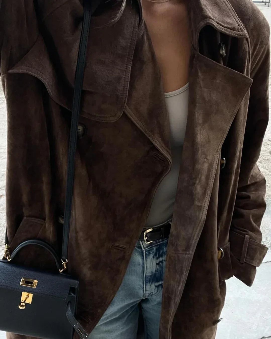 Women's Long Suede Trench Coat for Winter