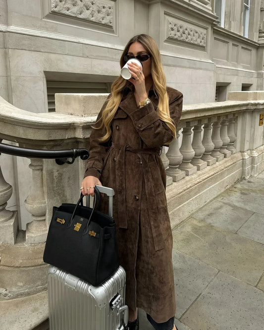 Women's Long Suede Trench Coat for Winter