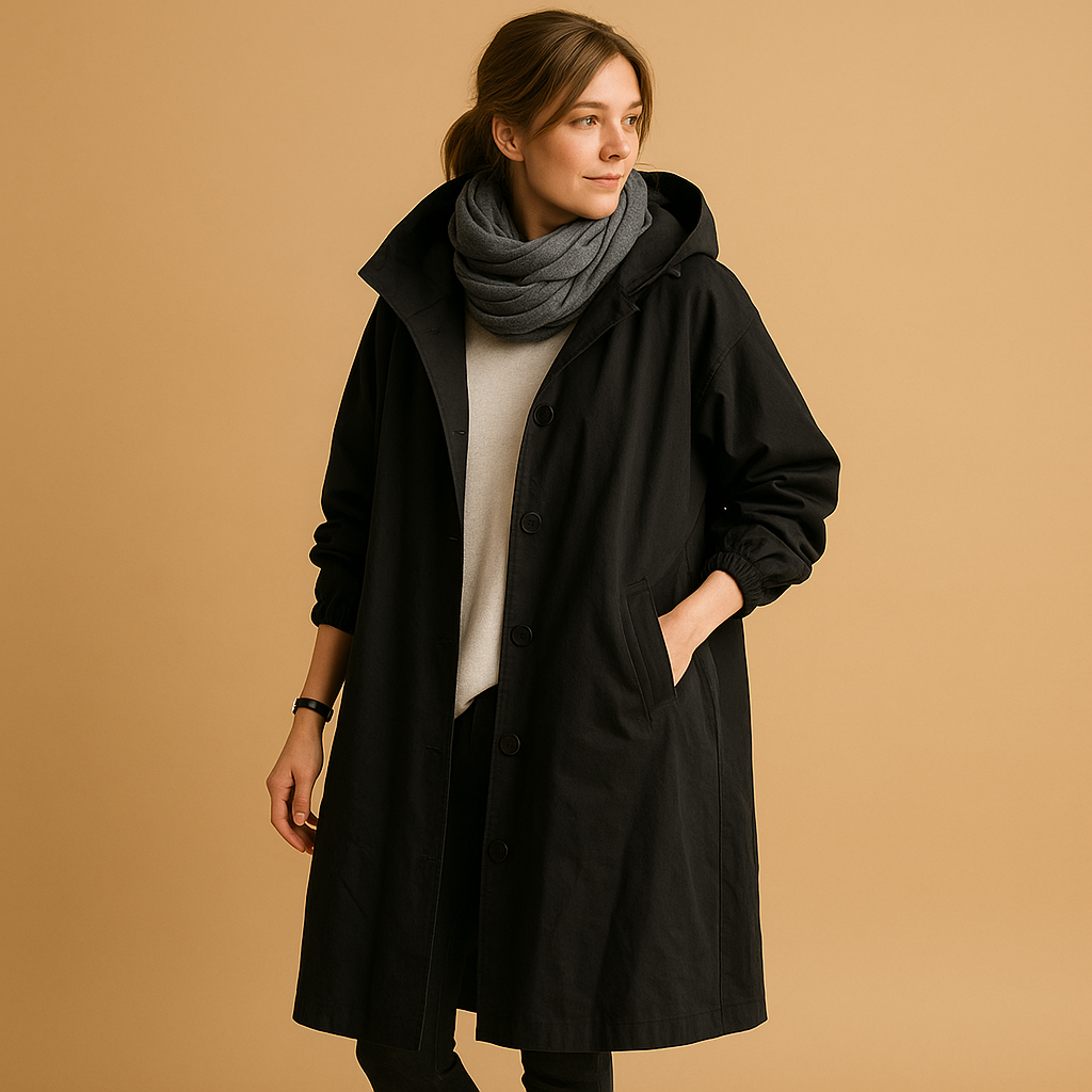 Women's Long Waterproof Raincoat with Hood and Adjustable Waist