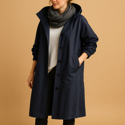Women's Long Waterproof Raincoat with Hood and Adjustable Waist