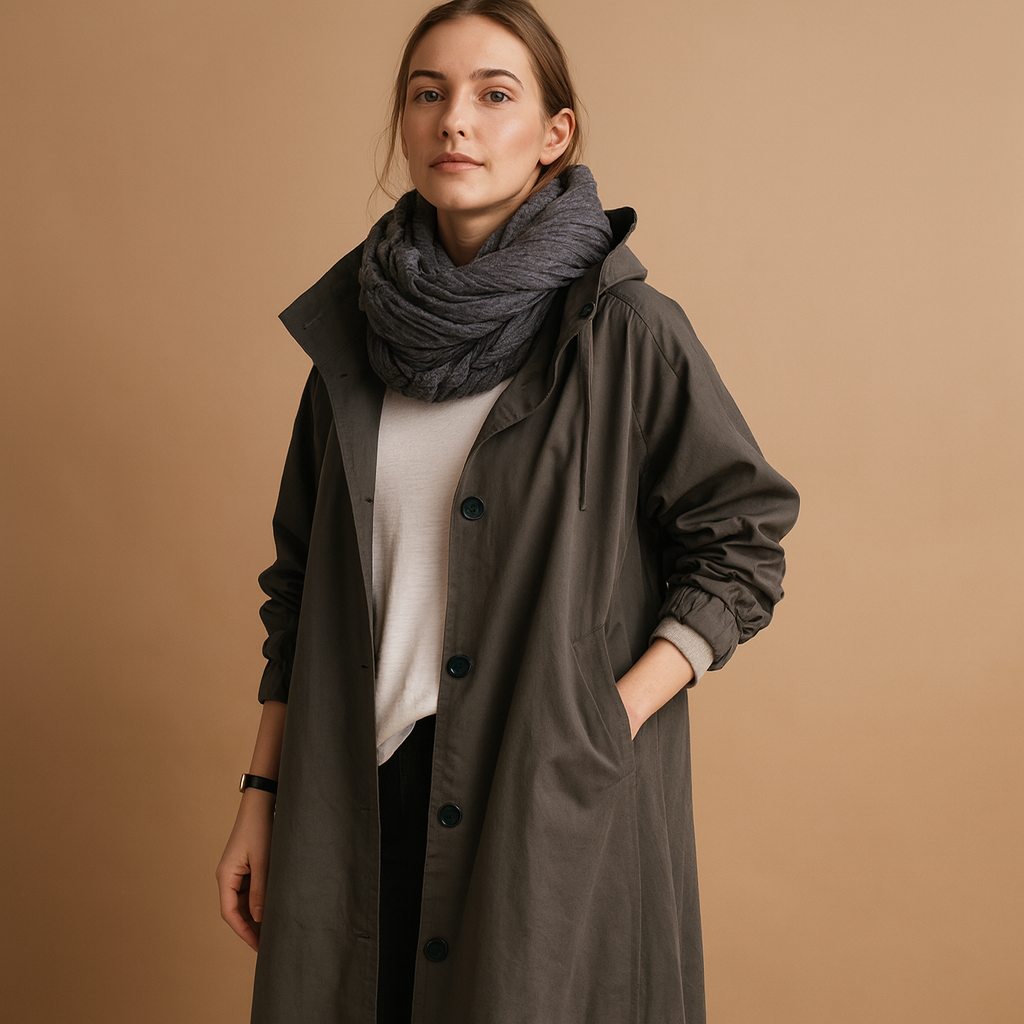 Women's Long Waterproof Raincoat with Hood and Adjustable Waist