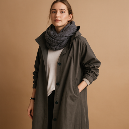 Women's Long Waterproof Raincoat with Hood and Adjustable Waist