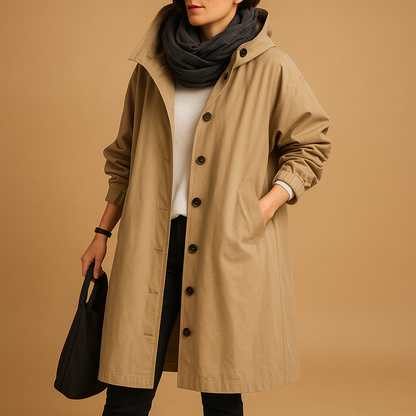 Women's Long Waterproof Raincoat with Hood and Adjustable Waist