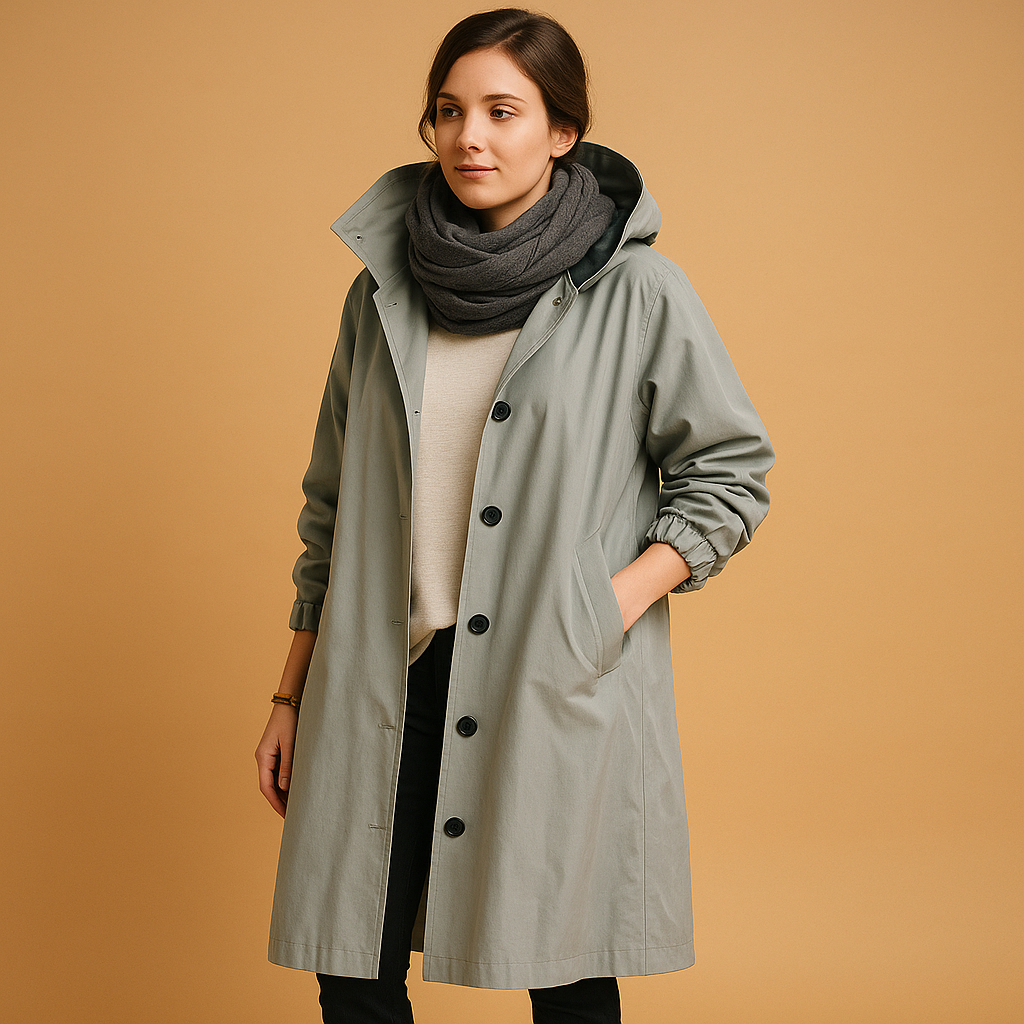 Women's Long Waterproof Raincoat with Hood and Adjustable Waist