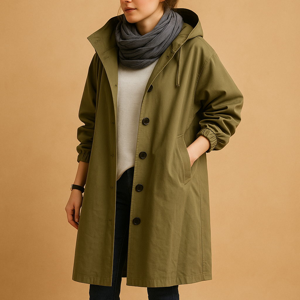 Women's Long Waterproof Raincoat with Hood and Adjustable Waist