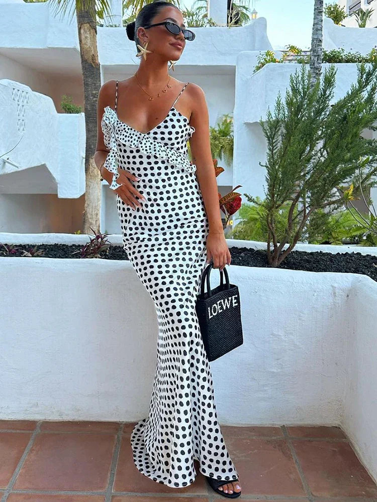 Women's Maxi Dress with Spaghetti Straps and Ruffles