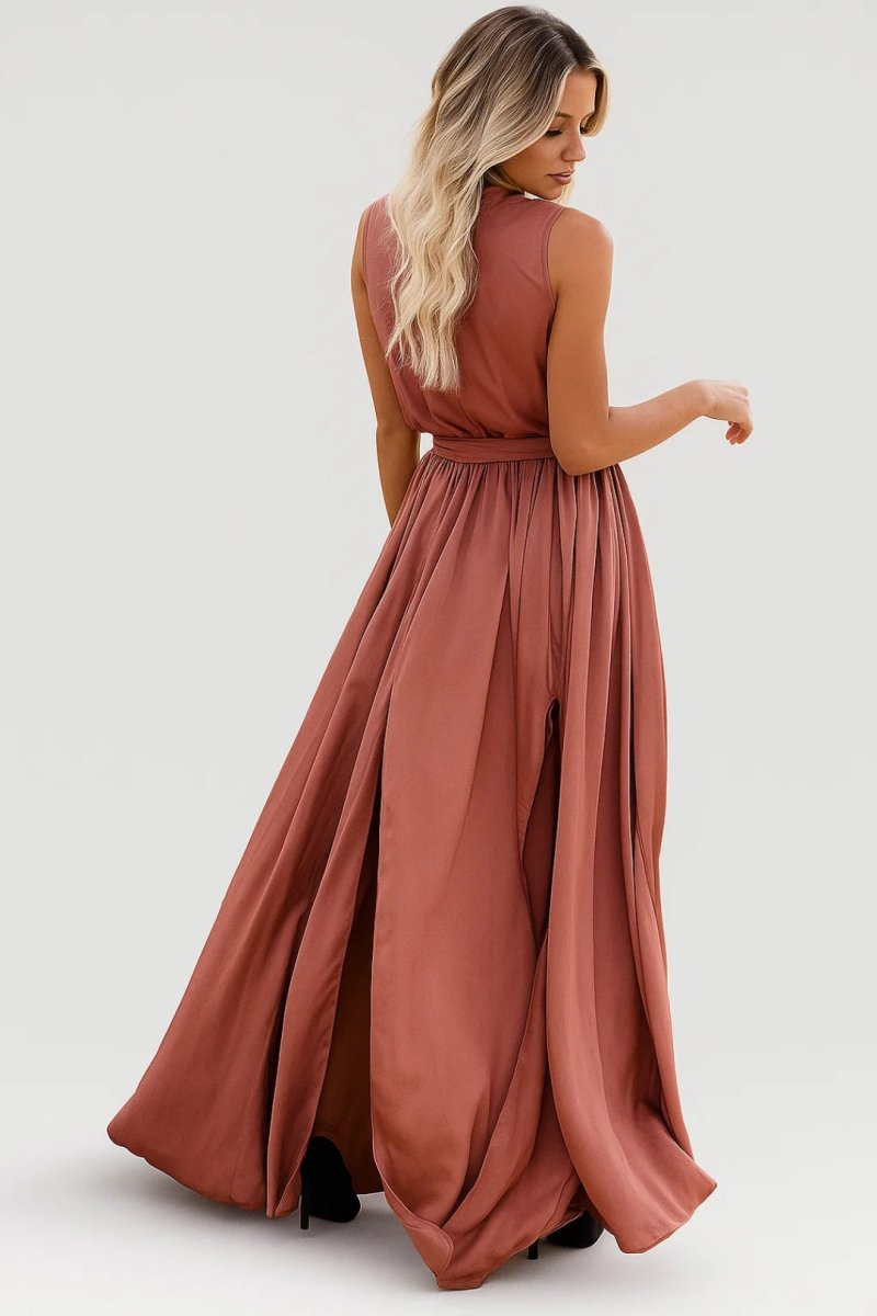 Women's Maxi Dress with Tie Waist and Front Slit