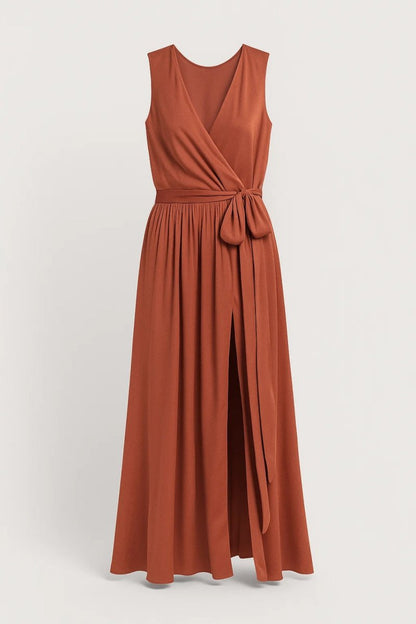 Women's Maxi Dress with Tie Waist and Front Slit