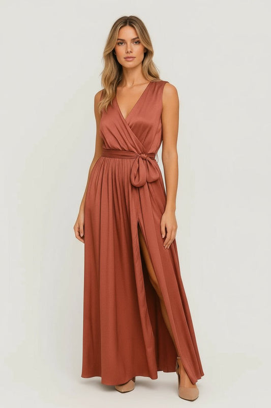 Women's Maxi Dress with Tie Waist and Front Slit