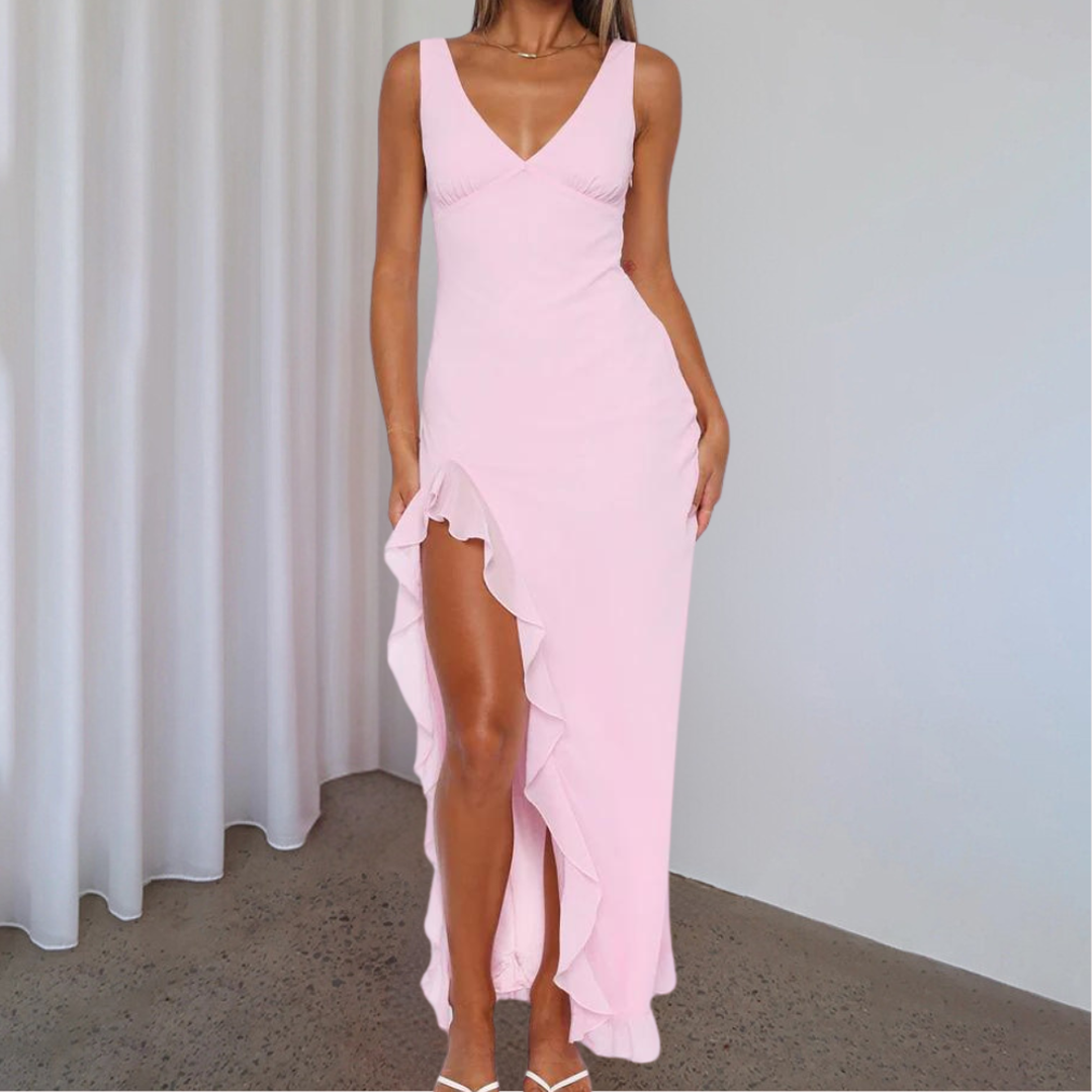 Women's Maxi Dress with V-Neck and Asymmetrical Slit