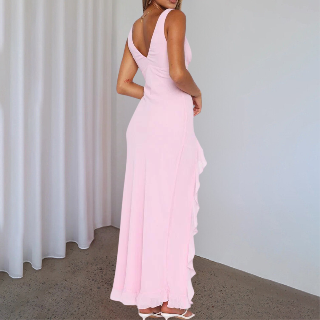 Women's Maxi Dress with V-Neck and Asymmetrical Slit