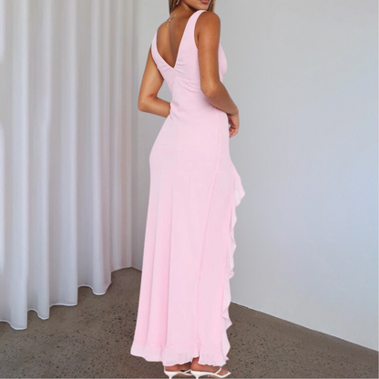 Women's Maxi Dress with V-Neck and Asymmetrical Slit