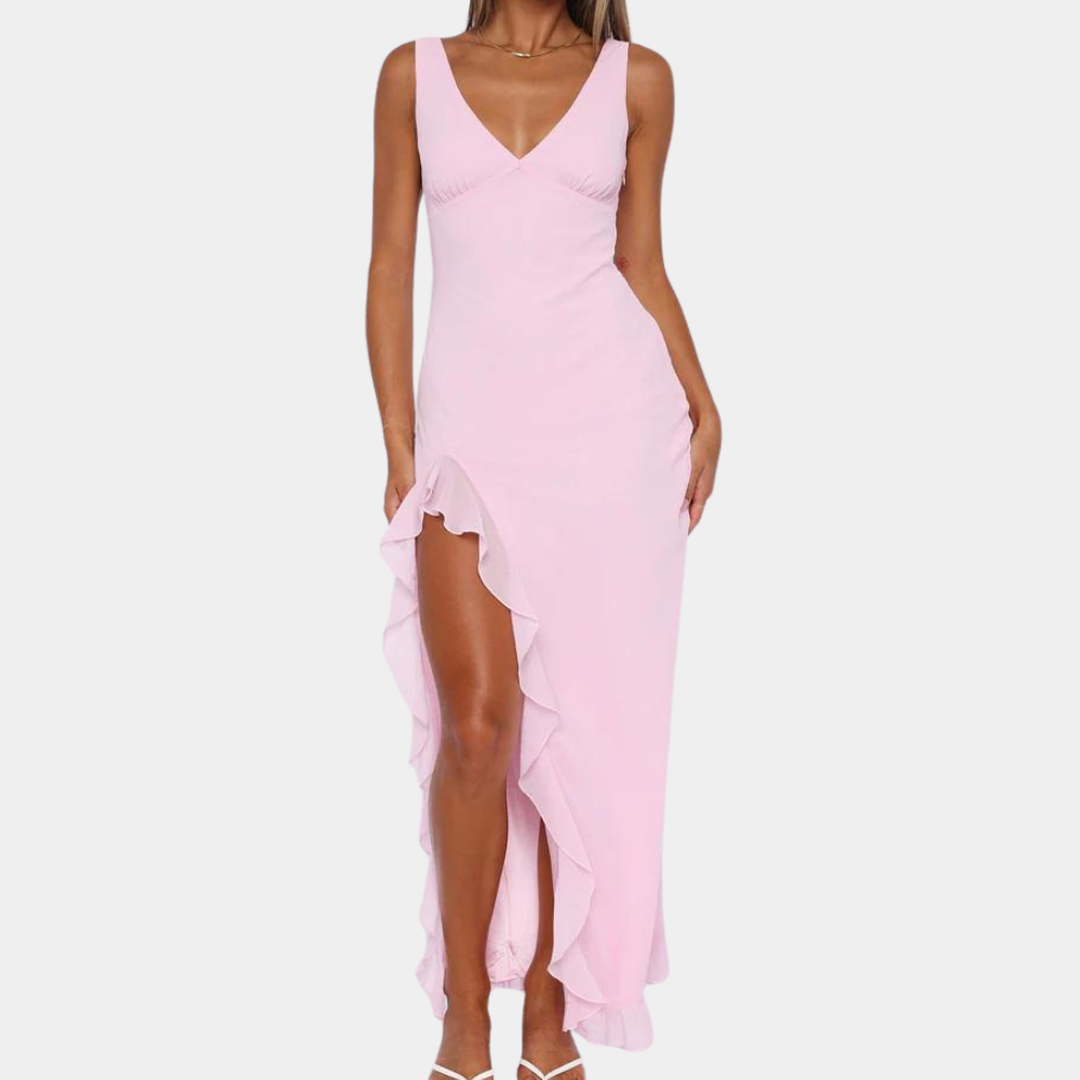 Women's Maxi Dress with V-Neck and Asymmetrical Slit