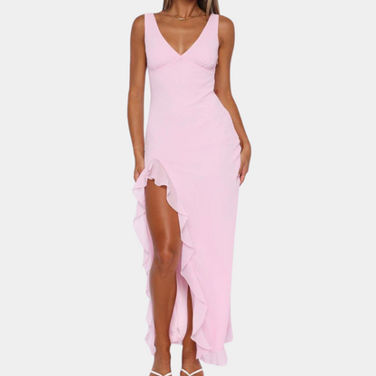 Women's Maxi Dress with V-Neck and Asymmetrical Slit