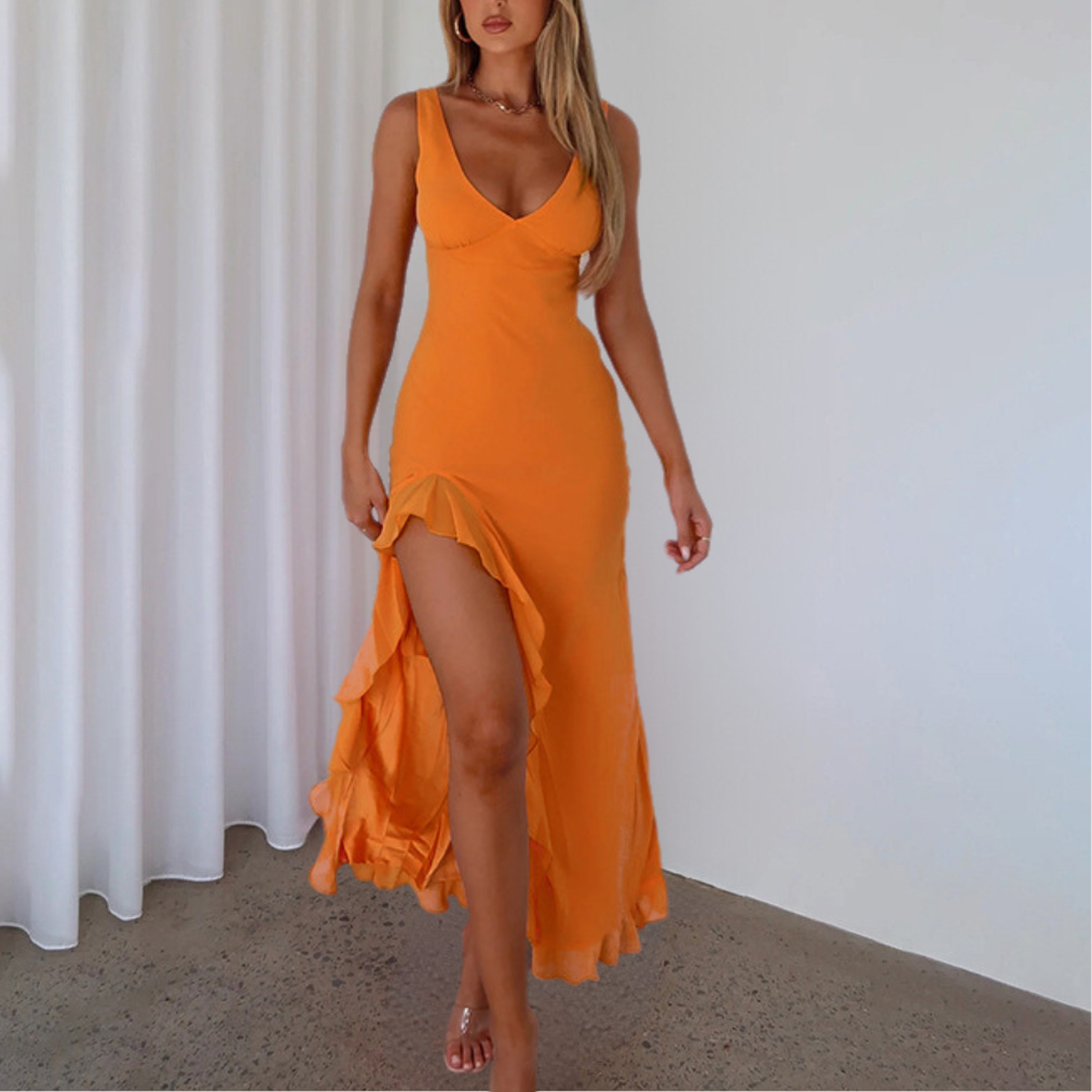 Women's Maxi Dress with V-Neck and Asymmetrical Slit