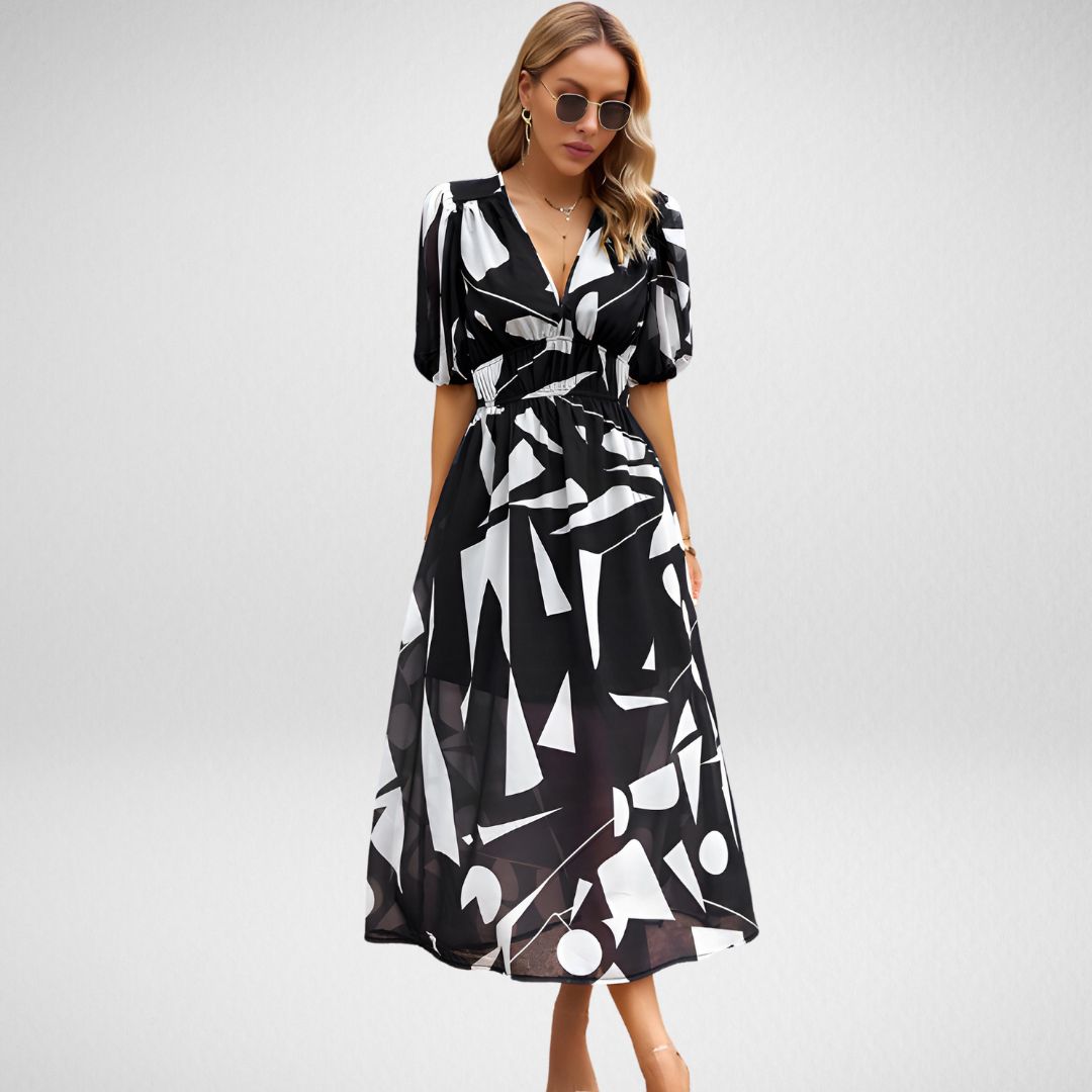 Women's Maxi Dress with V Neck and Puff Sleeves